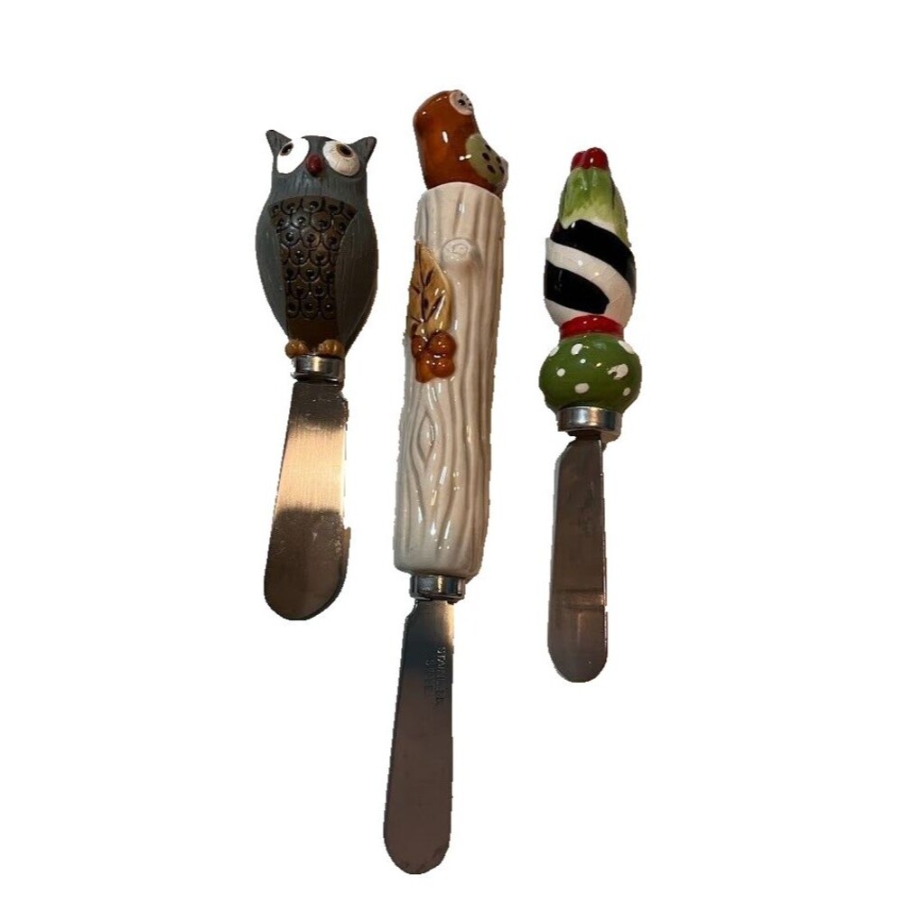 3 Appetizer Spreaders Green Owl Bird on Log Fitz & Floyd Whimsical Cheese Knives